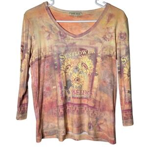 Xcit USA Sunflower Seeds Graphic V-Neck Top Petite Medium PM Hippie Y2K Boho